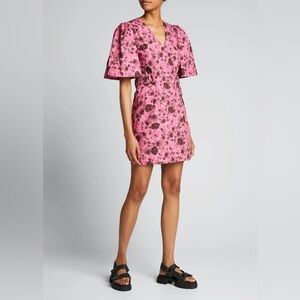 Ganni Printed Poplin Short Sleeve Dress Pink Black Floral Belted Wrap size 34